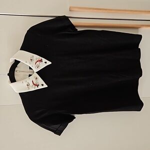 Classy Black Maje Top tee shirt short sleeves collar red & crystal studs size 1